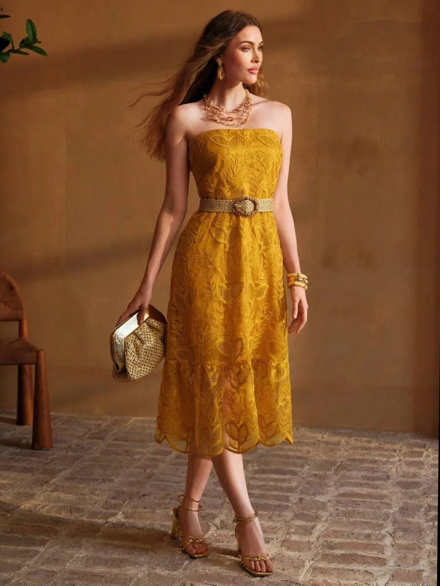 PREMIUM EMBROIDERY MESH RUFFLE HEM DRESS