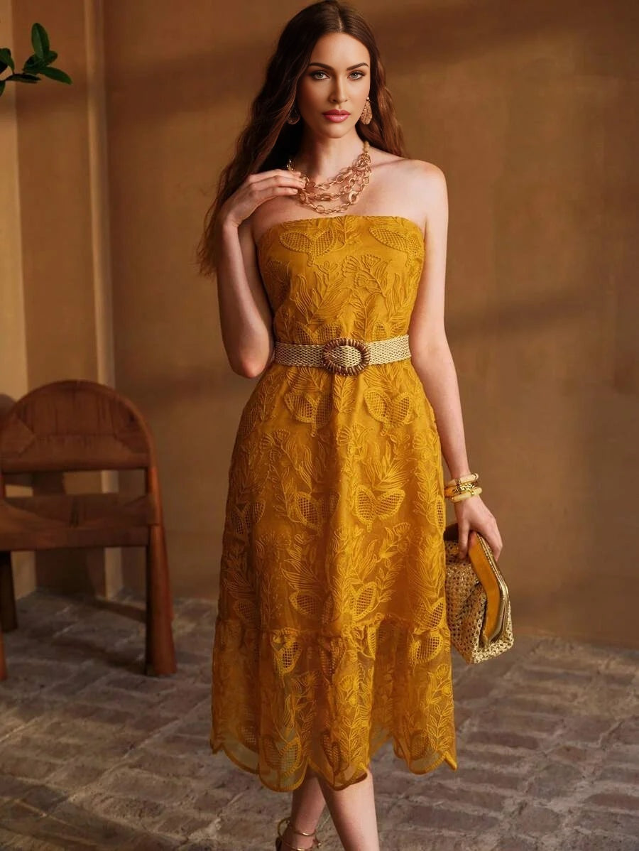 PREMIUM EMBROIDERY MESH RUFFLE HEM DRESS