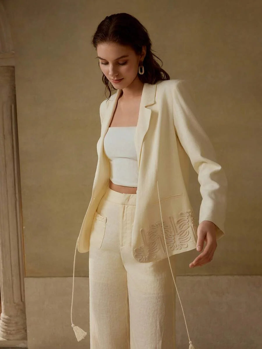 PREMIUM EMBROIDERY PLANTS PATTERN PEAK COLLAR TASSEL BELTED BLAZER