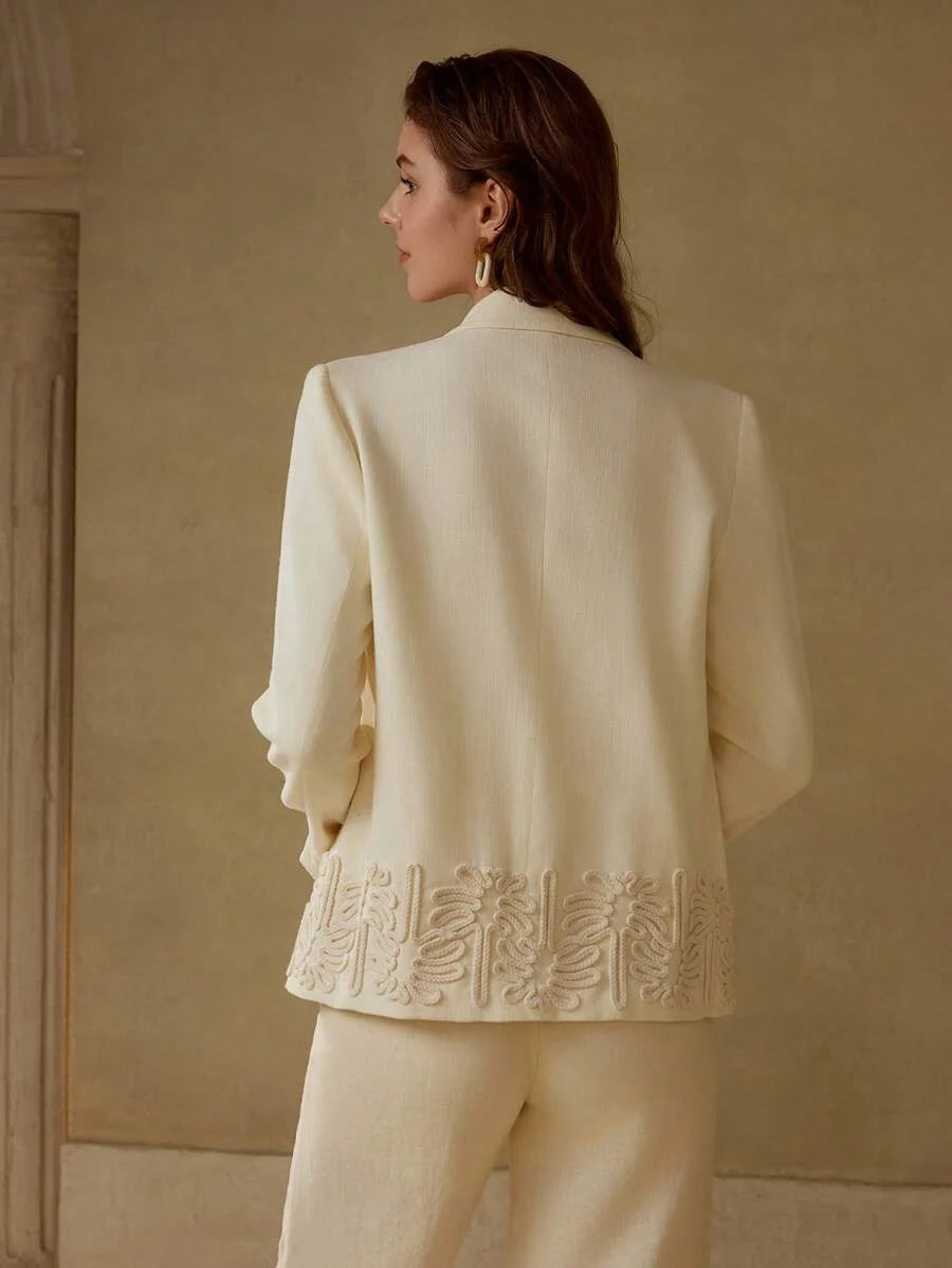 PREMIUM EMBROIDERY PLANTS PATTERN PEAK COLLAR TASSEL BELTED BLAZER