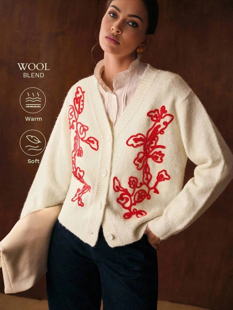 PREMIUM EMBROIDERY PLANTS PATTERN VNECK BUTTON PLACKET CARDIGAN FALL WINTER