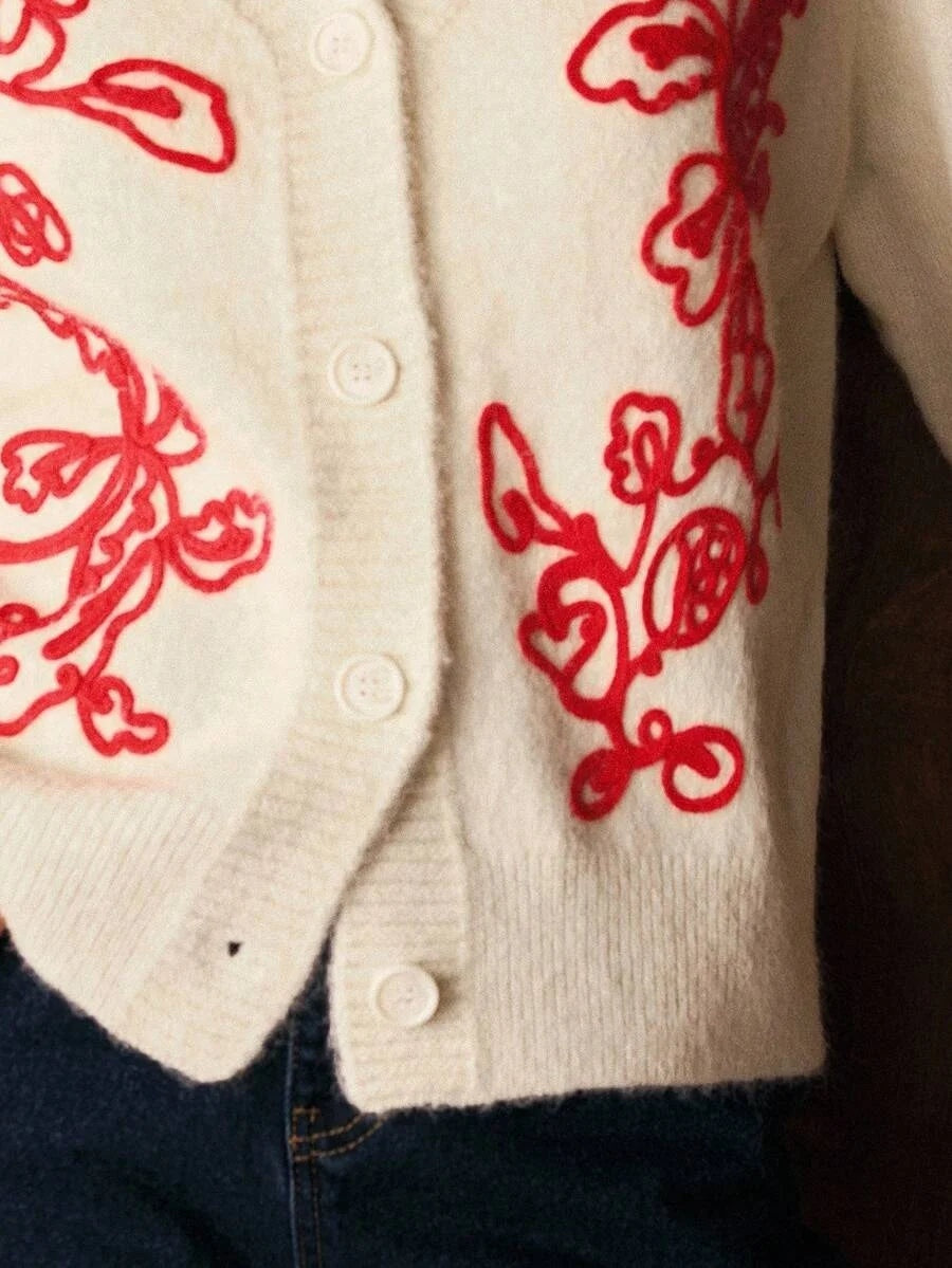 PREMIUM EMBROIDERY PLANTS PATTERN VNECK BUTTON PLACKET CARDIGAN FALL WINTER