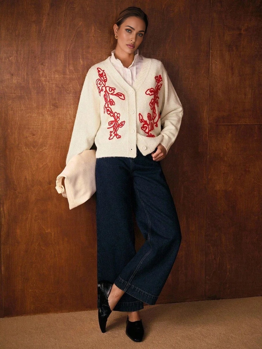 PREMIUM EMBROIDERY PLANTS PATTERN VNECK BUTTON PLACKET CARDIGAN FALL WINTER