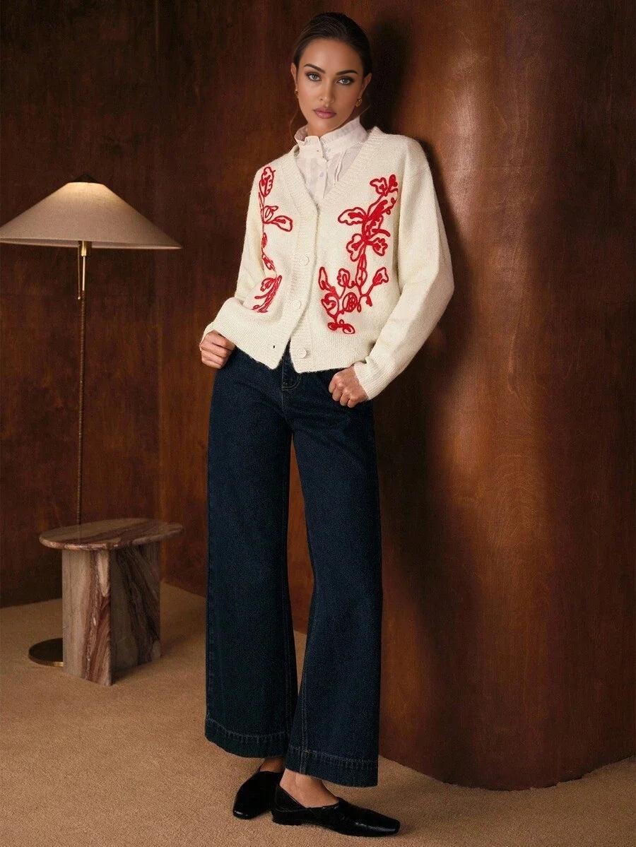 PREMIUM EMBROIDERY PLANTS PATTERN VNECK BUTTON PLACKET CARDIGAN FALL WINTER
