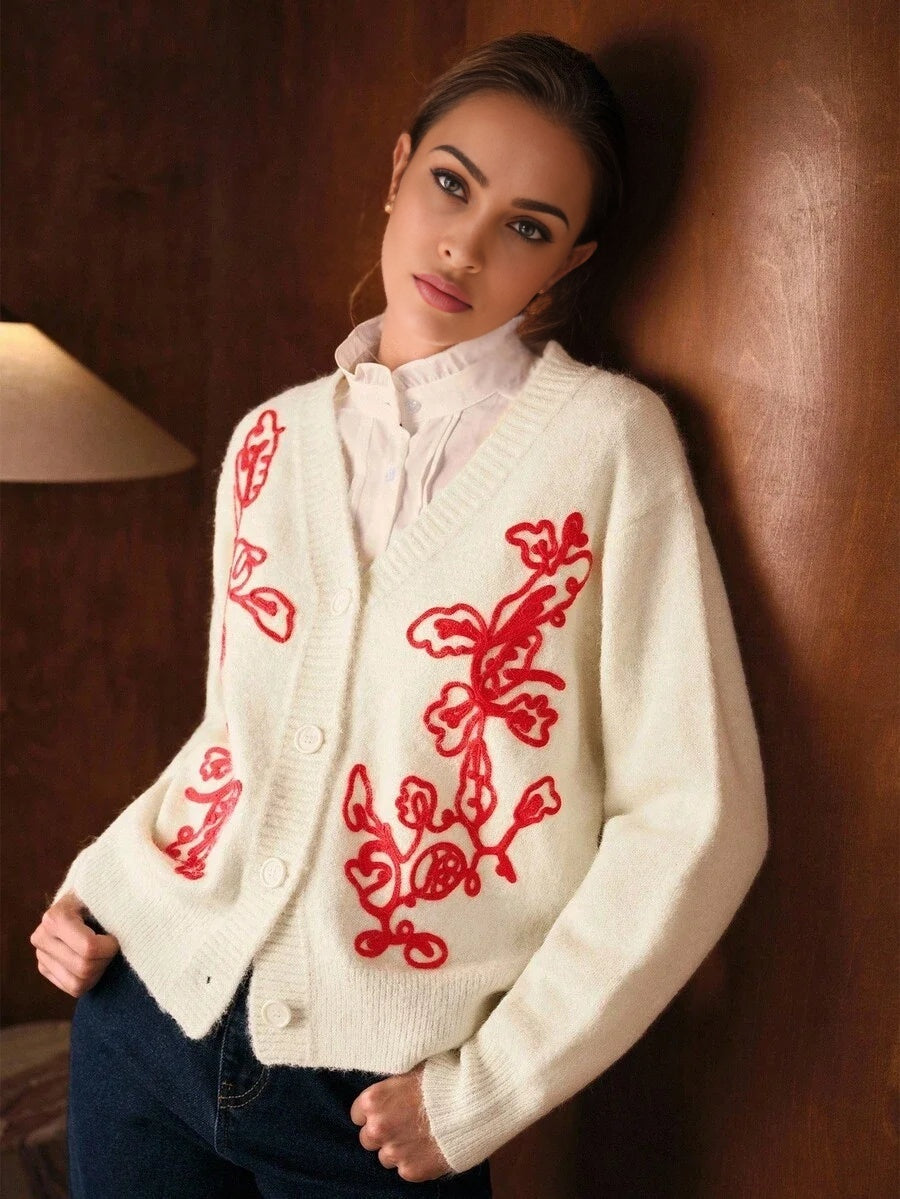 PREMIUM EMBROIDERY PLANTS PATTERN VNECK BUTTON PLACKET CARDIGAN FALL WINTER
