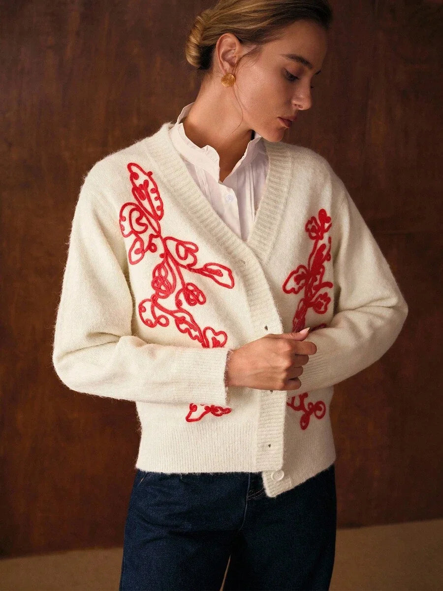 PREMIUM EMBROIDERY PLANTS PATTERN VNECK BUTTON PLACKET CARDIGAN FALL WINTER