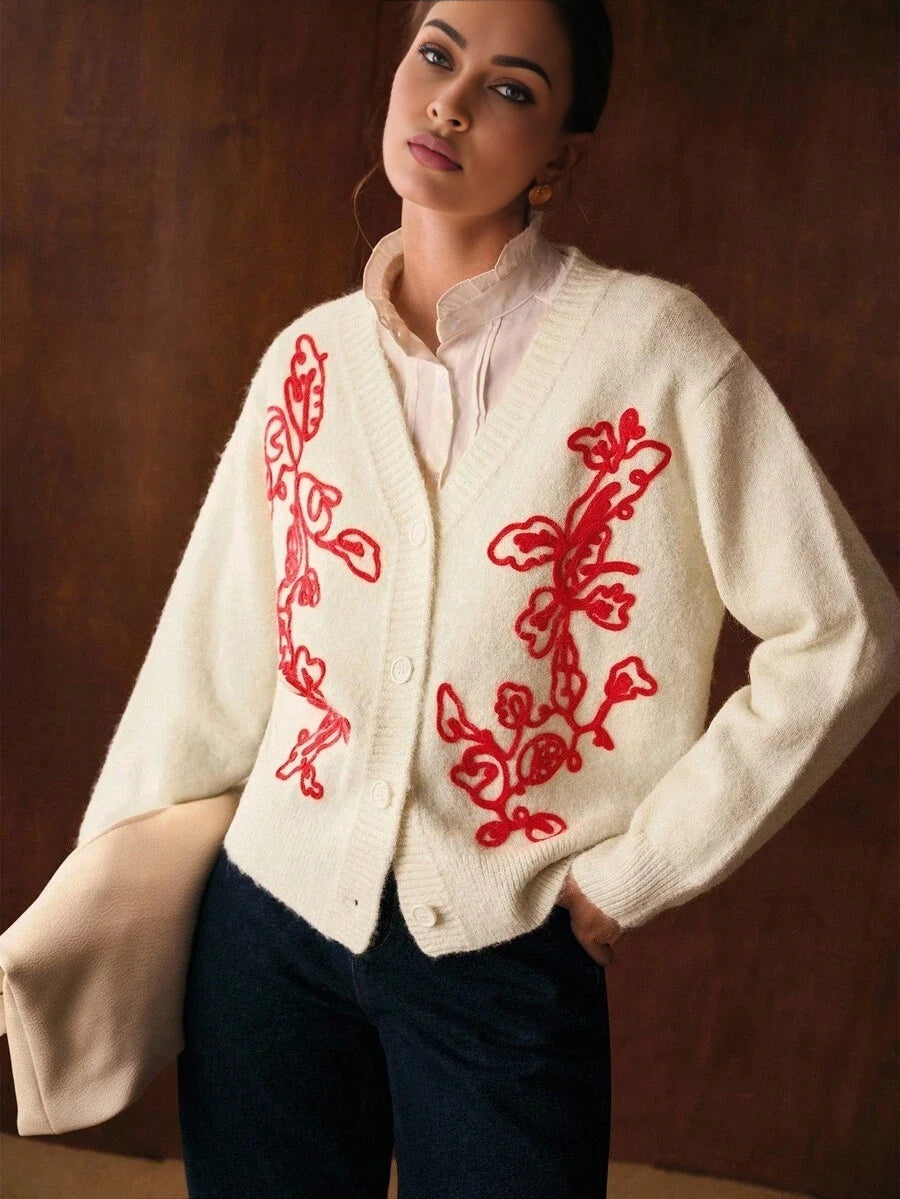 PREMIUM EMBROIDERY PLANTS PATTERN VNECK BUTTON PLACKET CARDIGAN FALL WINTER