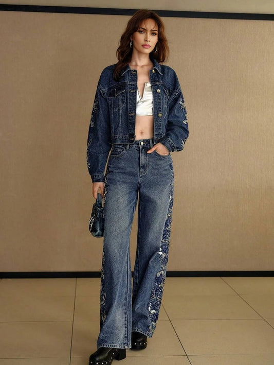 PREMIUM EMBROIDERY RHINESTONE DETAIL DENIM JACKET