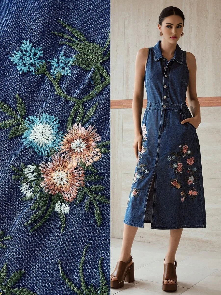 PREMIUM EMBROIDERY SPLIT DENIM DRESS