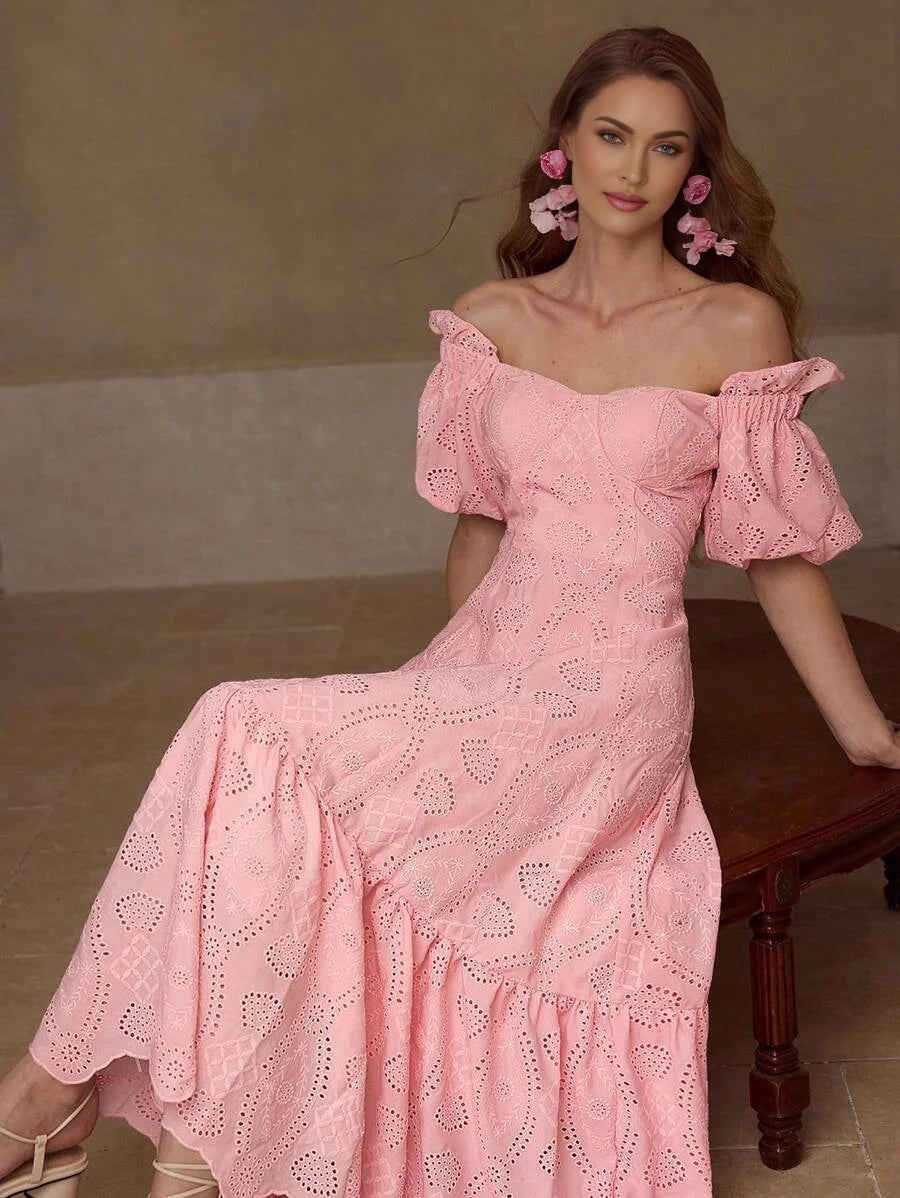 PREMIUM EYELET EMBROIDERY OFF SHOULDER DRESS