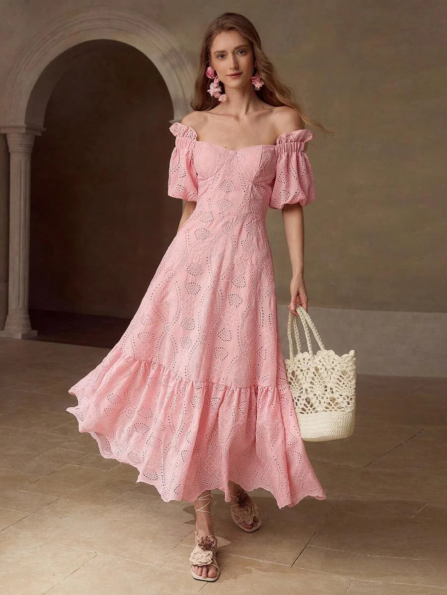 PREMIUM EYELET EMBROIDERY OFF SHOULDER DRESS