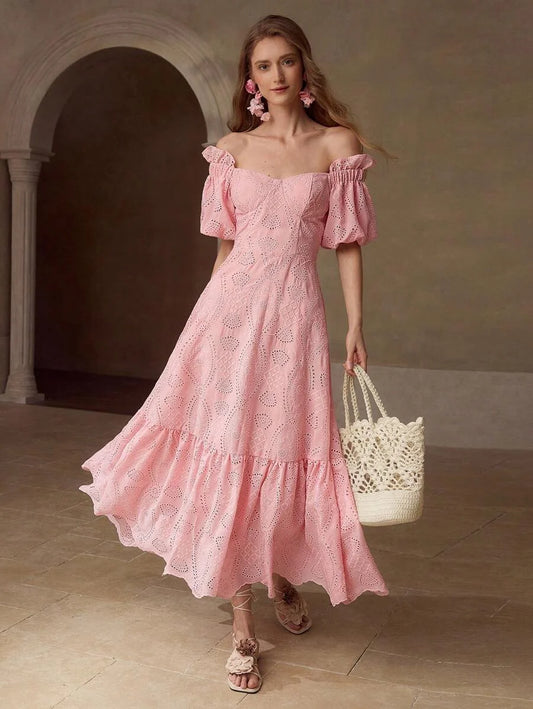 PREMIUM EYELET EMBROIDERY OFF SHOULDER DRESS