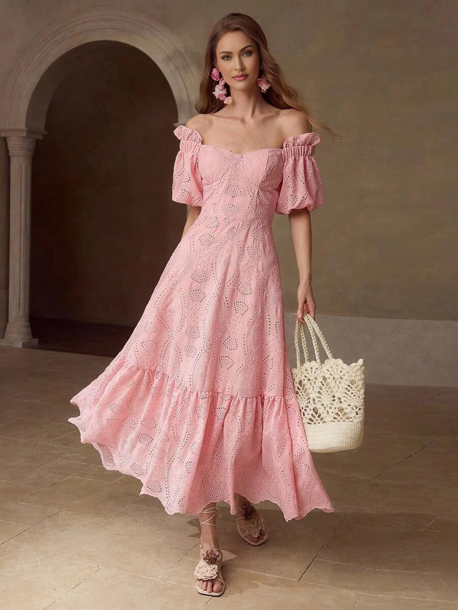 PREMIUM EYELET EMBROIDERY OFF SHOULDER DRESS