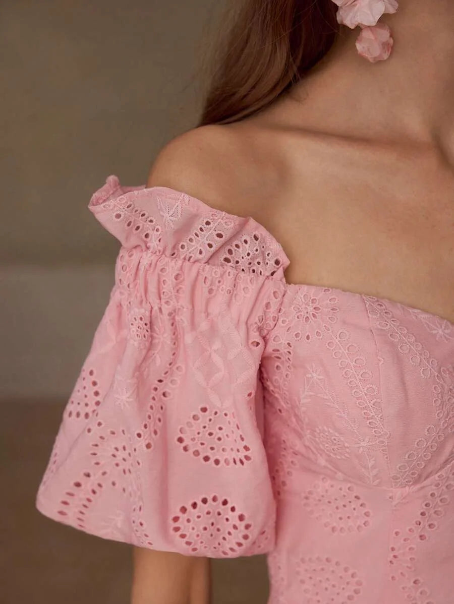 PREMIUM EYELET EMBROIDERY OFF SHOULDER DRESS