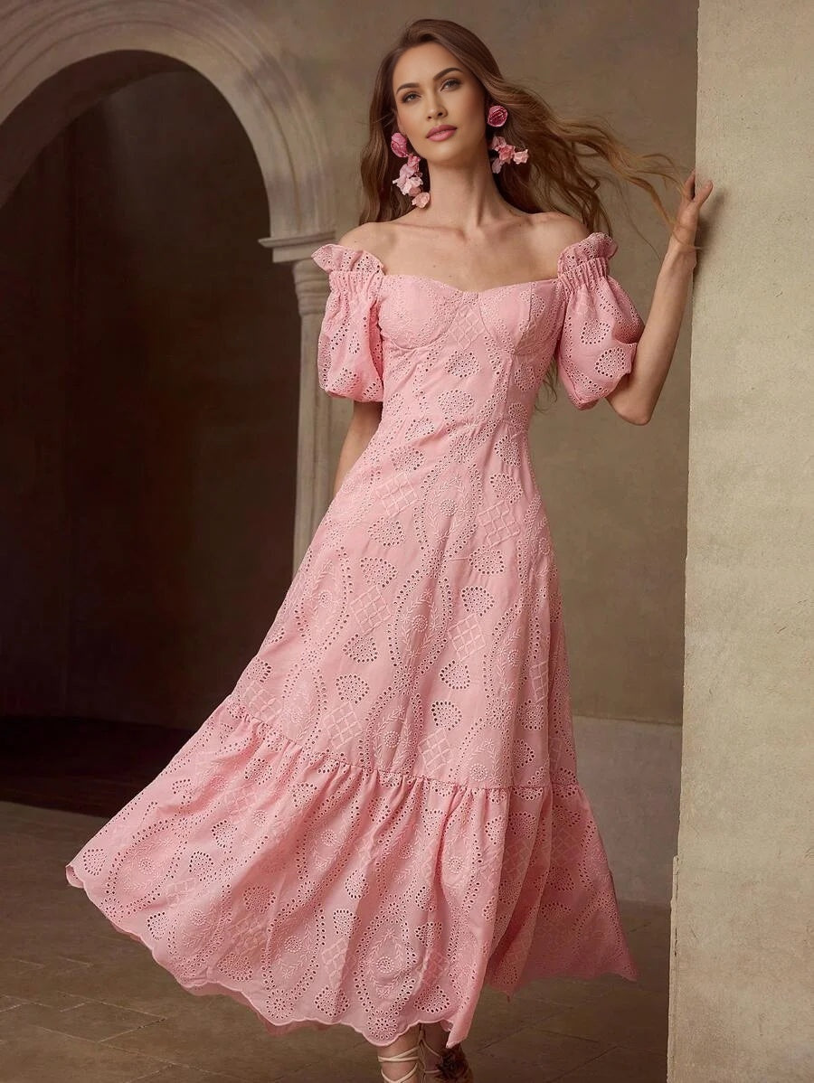 PREMIUM EYELET EMBROIDERY OFF SHOULDER DRESS