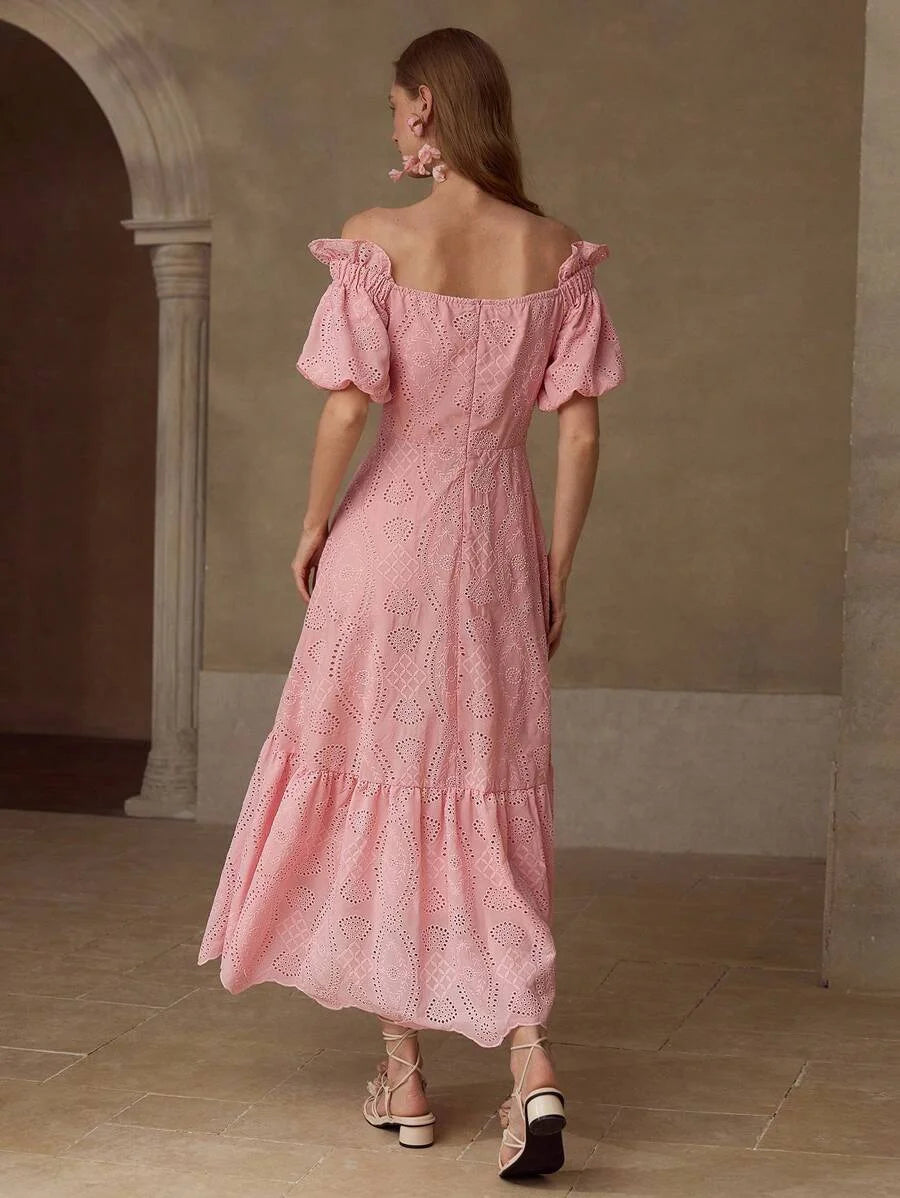 PREMIUM EYELET EMBROIDERY OFF SHOULDER DRESS