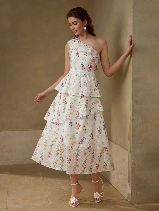 PREMIUM EYELET EMBROIDERY ONE SHOULDER DRESS