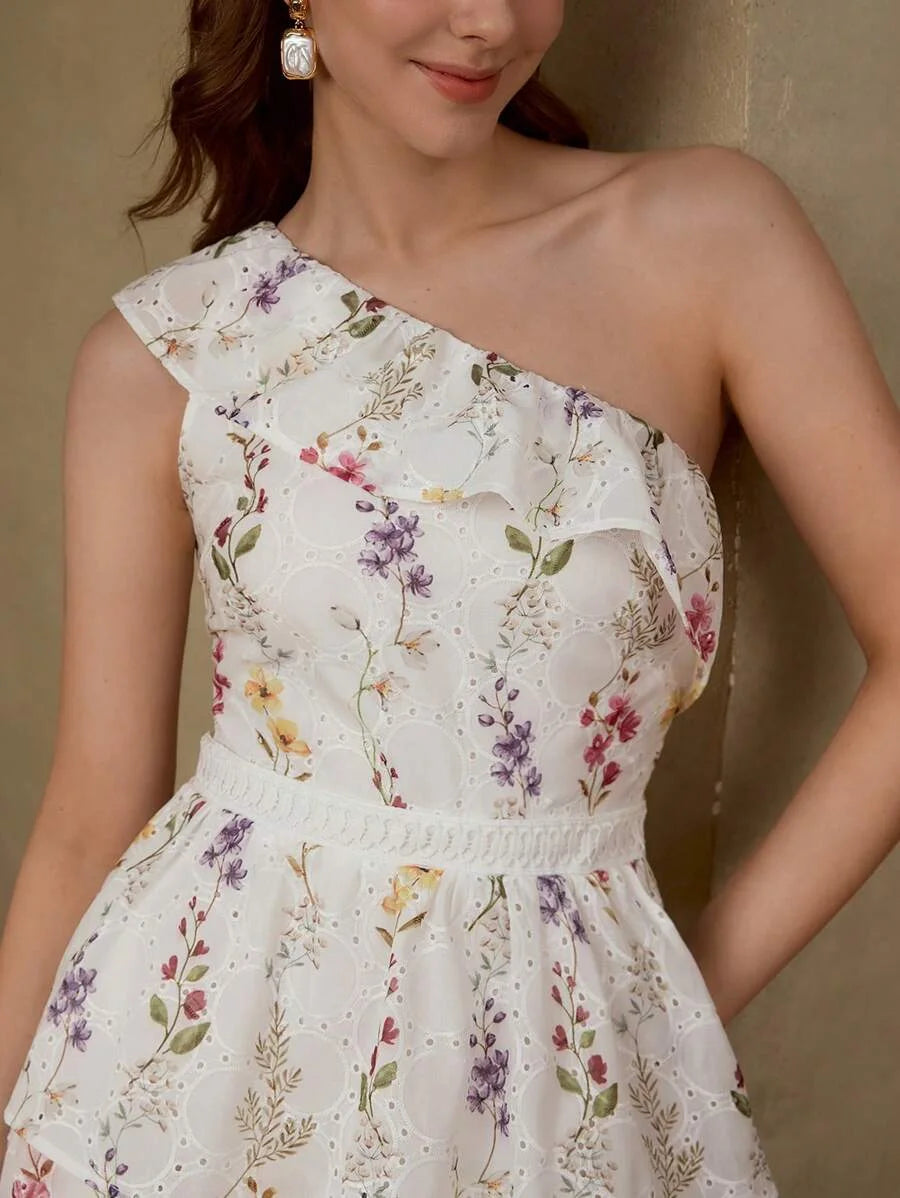 PREMIUM EYELET EMBROIDERY ONE SHOULDER DRESS