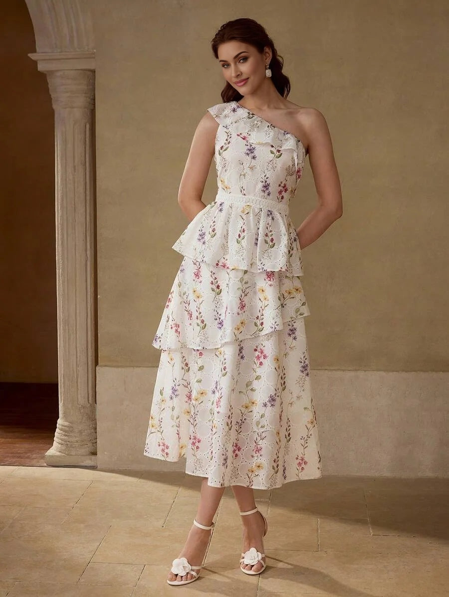 PREMIUM EYELET EMBROIDERY ONE SHOULDER DRESS