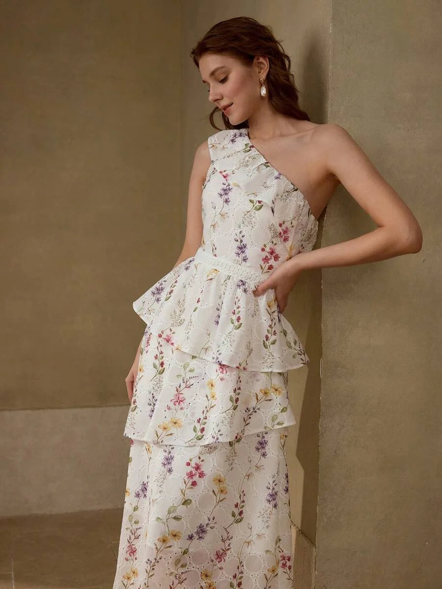 PREMIUM EYELET EMBROIDERY ONE SHOULDER DRESS