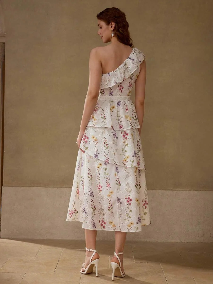 PREMIUM EYELET EMBROIDERY ONE SHOULDER DRESS