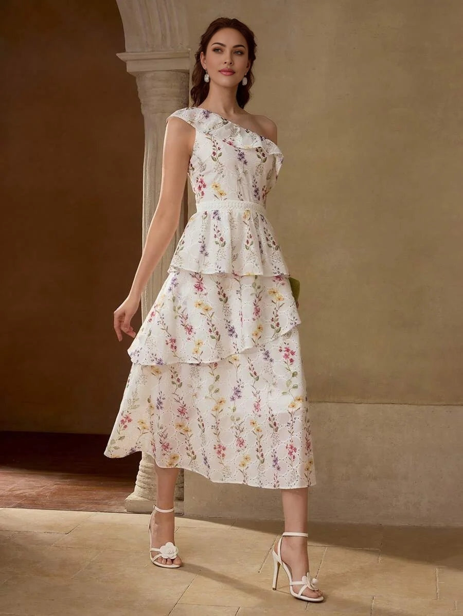 PREMIUM EYELET EMBROIDERY ONE SHOULDER DRESS