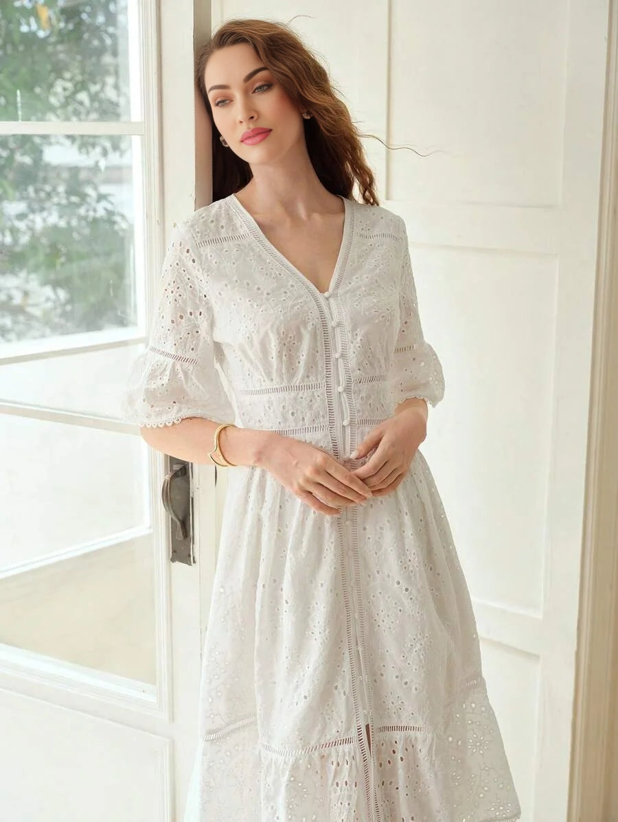 PREMIUM EYELET EMBROIDERY RUFFLE HEM DRESS
