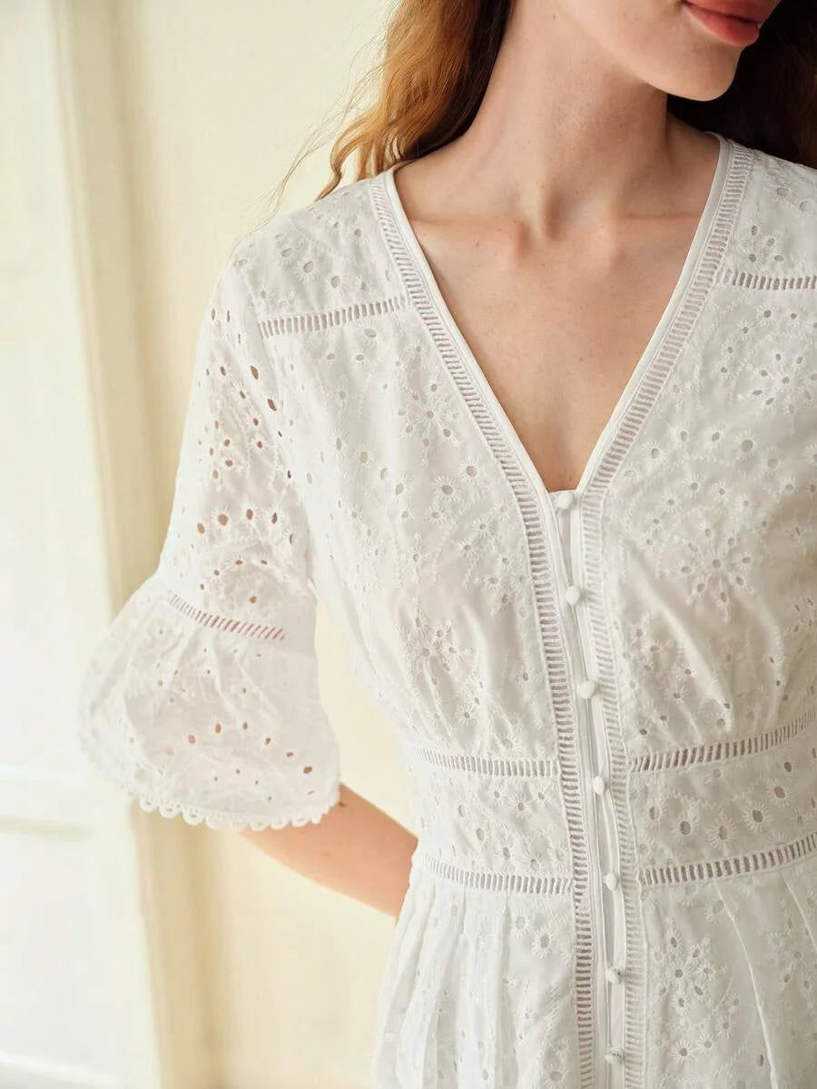 PREMIUM EYELET EMBROIDERY RUFFLE HEM DRESS