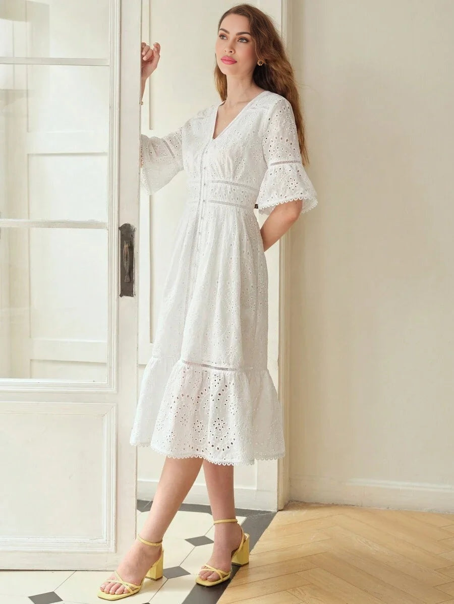 PREMIUM EYELET EMBROIDERY RUFFLE HEM DRESS
