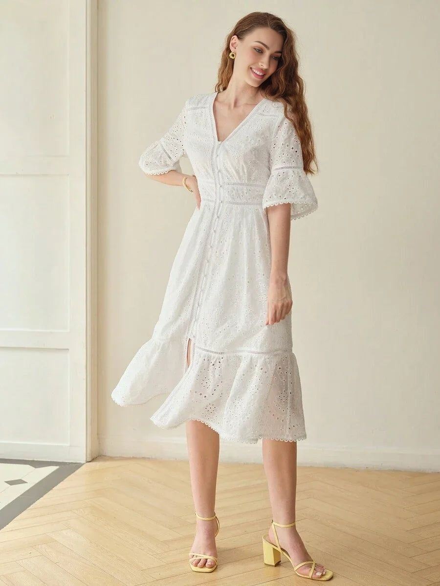 PREMIUM EYELET EMBROIDERY RUFFLE HEM DRESS