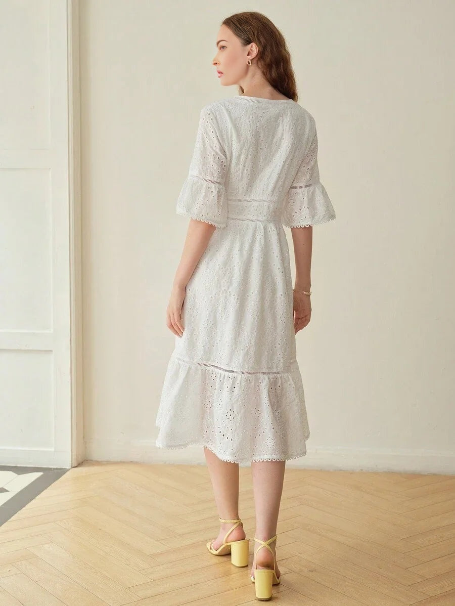 PREMIUM EYELET EMBROIDERY RUFFLE HEM DRESS