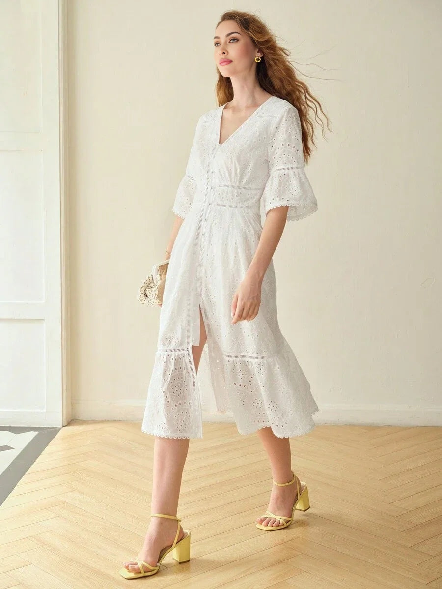 PREMIUM EYELET EMBROIDERY RUFFLE HEM DRESS
