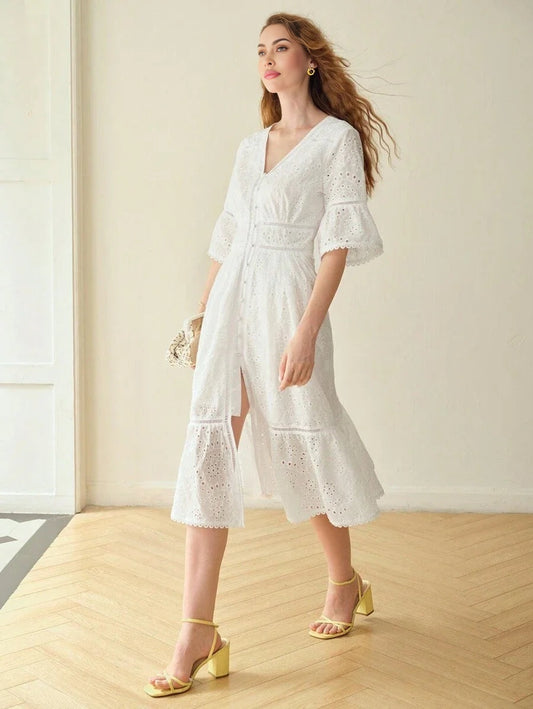 PREMIUM EYELET EMBROIDERY RUFFLE HEM DRESS