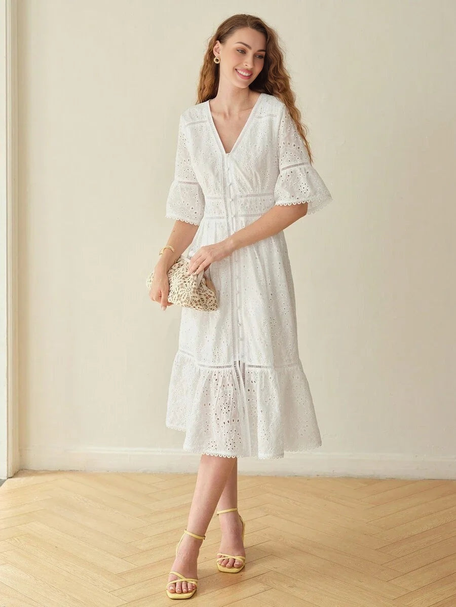 PREMIUM EYELET EMBROIDERY RUFFLE HEM DRESS