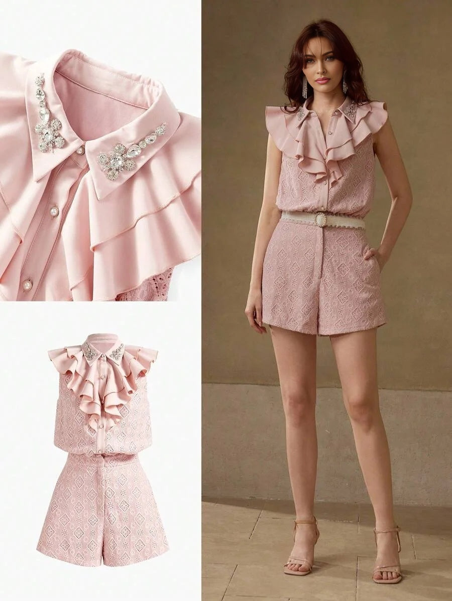 PREMIUM FASHION ELEGANT LACE WAISTED SLIMMING RUFFLED BEADED WOMEN JUMPSUIT