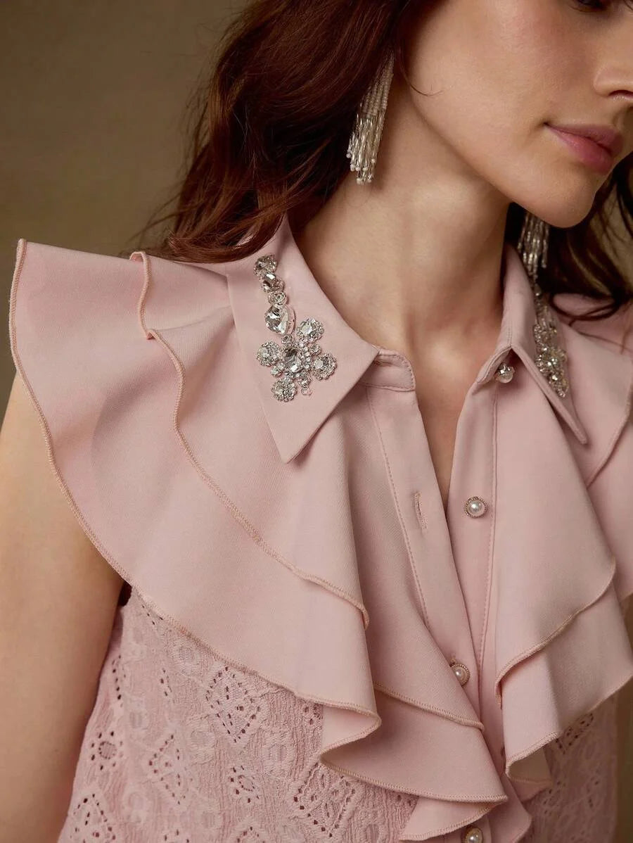 PREMIUM FASHION ELEGANT LACE WAISTED SLIMMING RUFFLED BEADED WOMEN JUMPSUIT