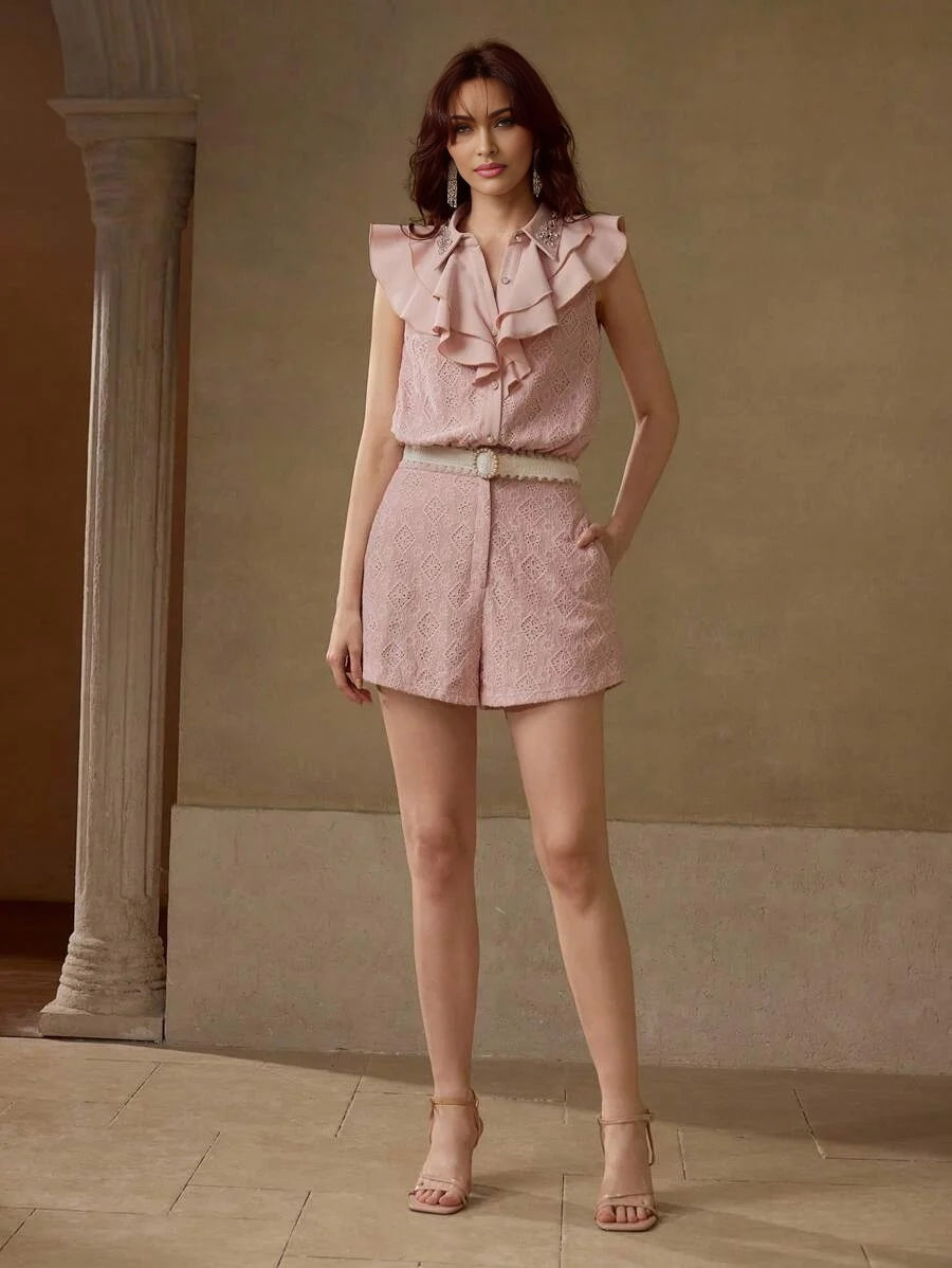 PREMIUM FASHION ELEGANT LACE WAISTED SLIMMING RUFFLED BEADED WOMEN JUMPSUIT