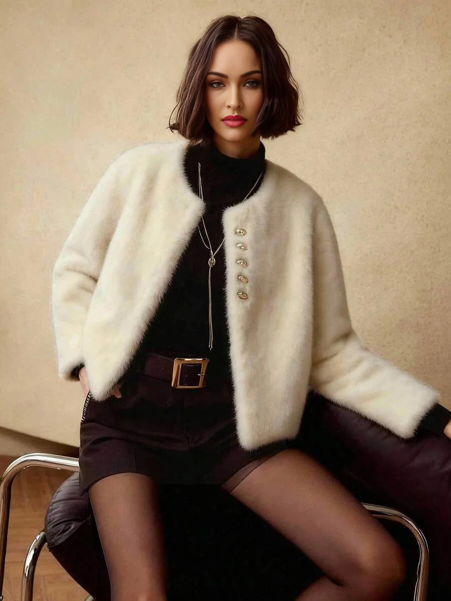 PREMIUM FASHIONABLE amp VERSATILE GOLD BUTTON PLACKET FAUX FUR COAT