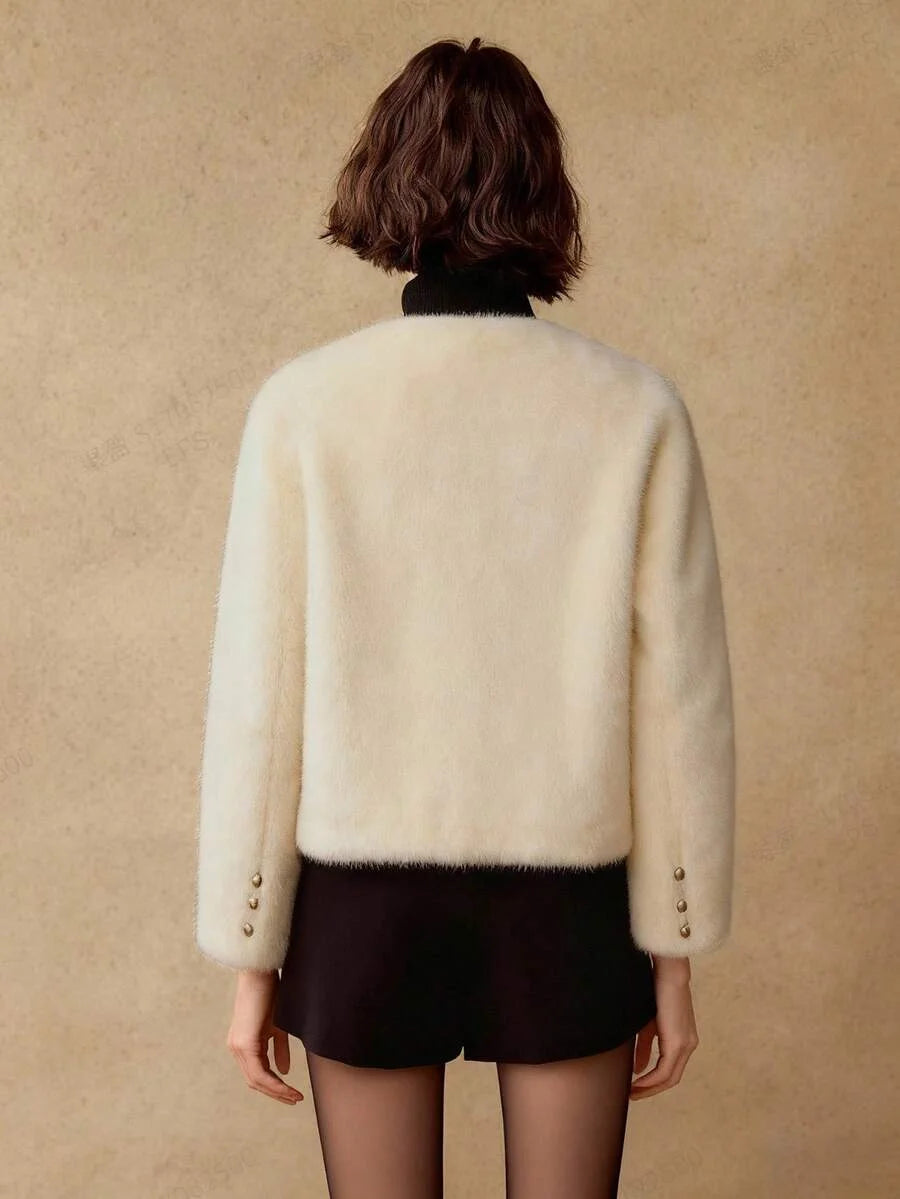 PREMIUM FASHIONABLE amp VERSATILE GOLD BUTTON PLACKET FAUX FUR COAT