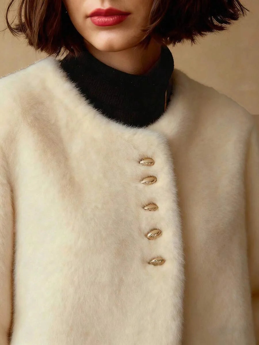 PREMIUM FASHIONABLE amp VERSATILE GOLD BUTTON PLACKET FAUX FUR COAT