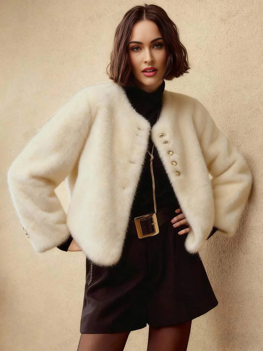 PREMIUM FASHIONABLE amp VERSATILE GOLD BUTTON PLACKET FAUX FUR COAT