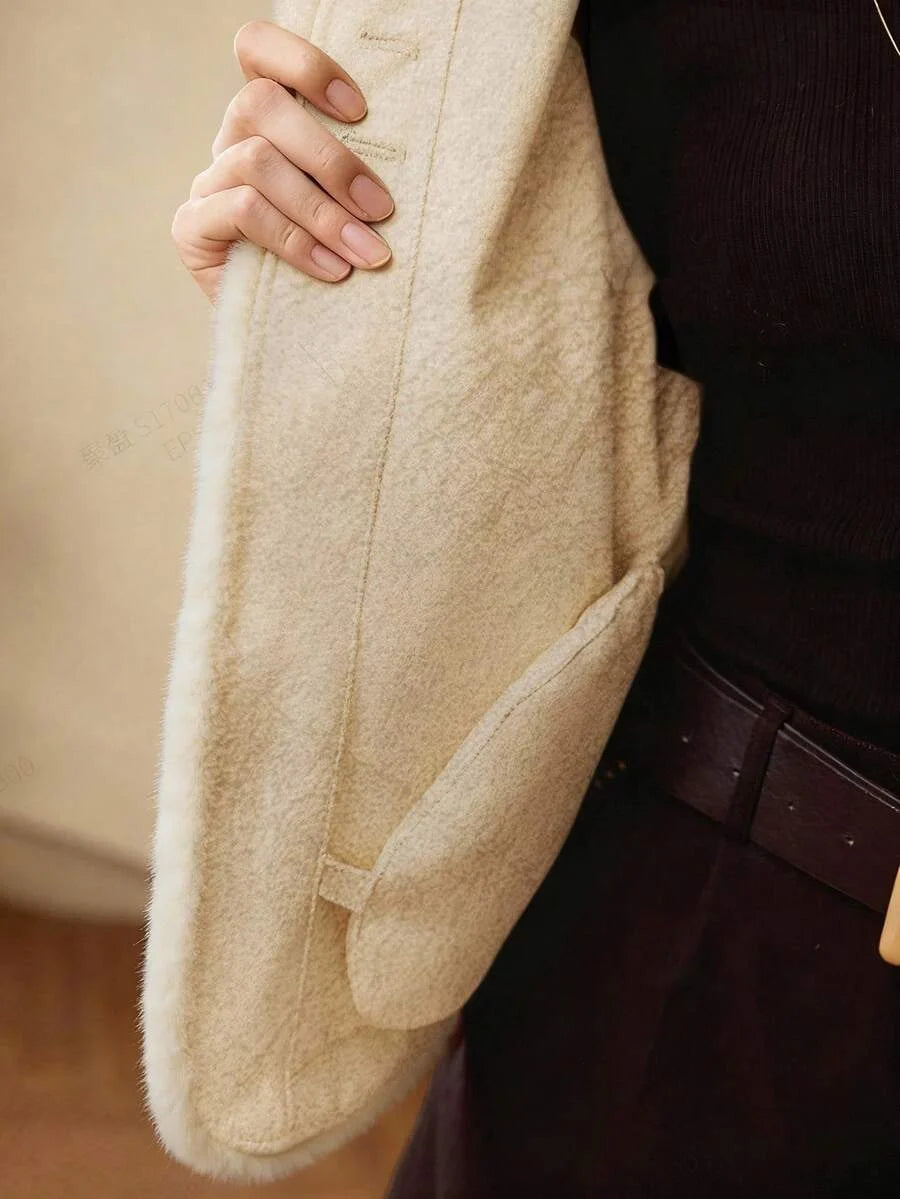 PREMIUM FASHIONABLE amp VERSATILE GOLD BUTTON PLACKET FAUX FUR COAT