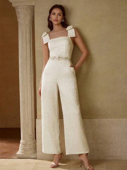 PREMIUM FASHIONABLE BOW STRAP DECOR ELEGANT CINCHED WAIST JUMPSUIT FOR WOMEN