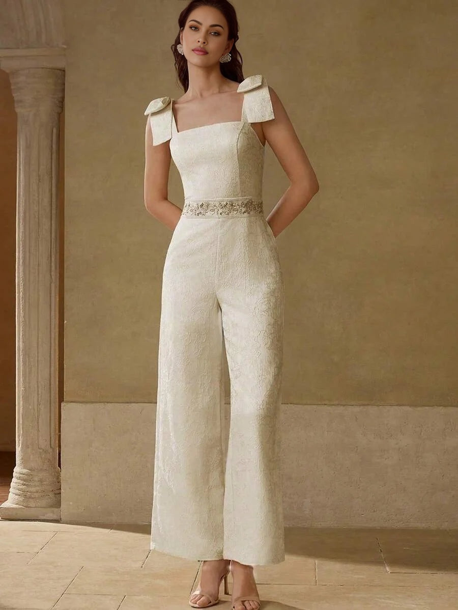 PREMIUM FASHIONABLE BOW STRAP DECOR ELEGANT CINCHED WAIST JUMPSUIT FOR WOMEN