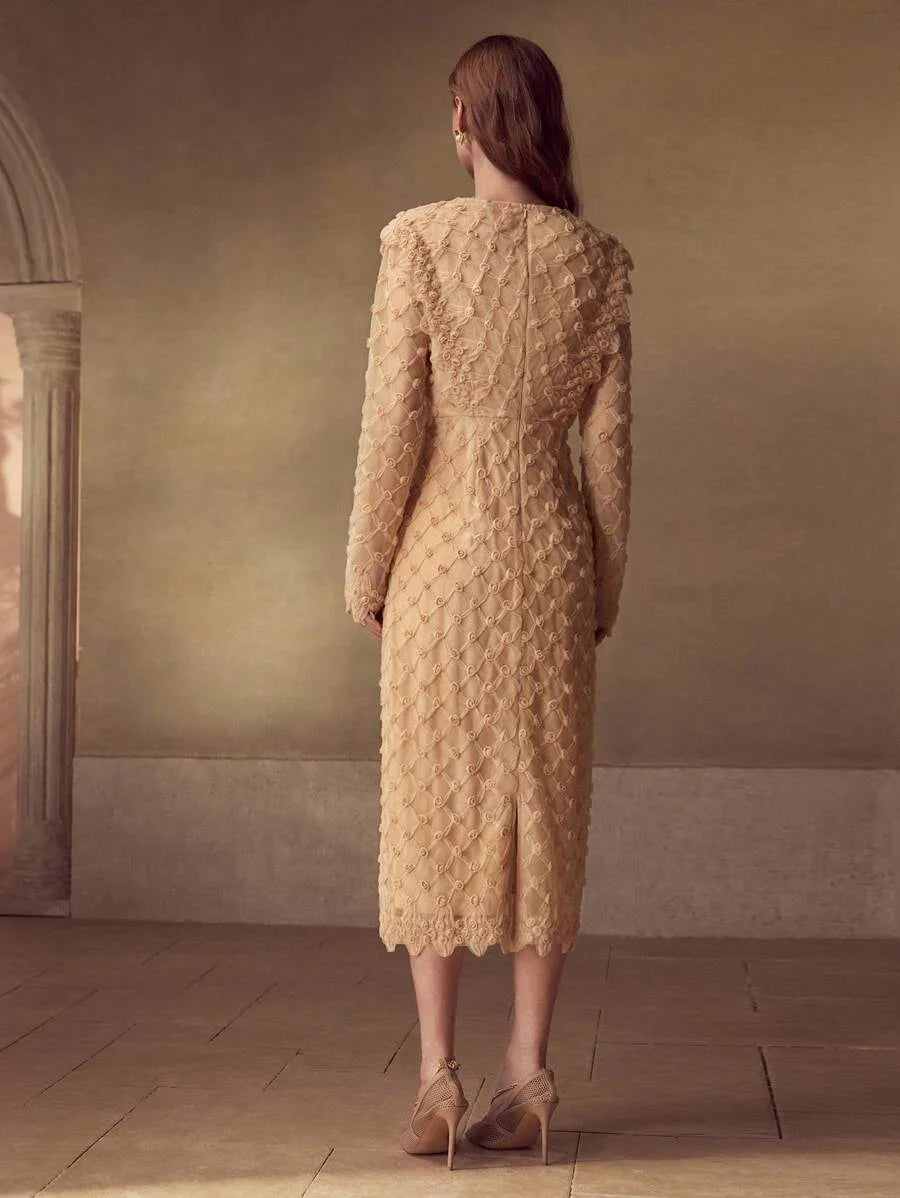 PREMIUM FASHIONABLE WAISTCINCHING ROSE PRINT BACK SLIT ELEGANT WOMEN DRESS