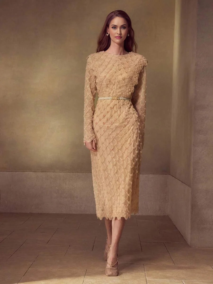 PREMIUM FASHIONABLE WAISTCINCHING ROSE PRINT BACK SLIT ELEGANT WOMEN DRESS