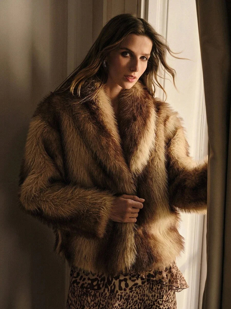 PREMIUM FAUX FUR SHAWL COLLAR DROP SHOULDER OVERSIZE COAT FALL WINTER