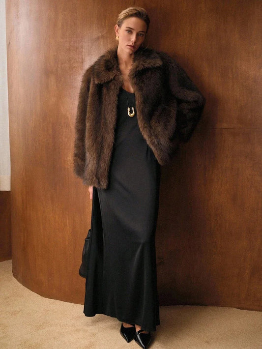 PREMIUM FAUX FUR SOLID COLLAR COAT FALL WINTER