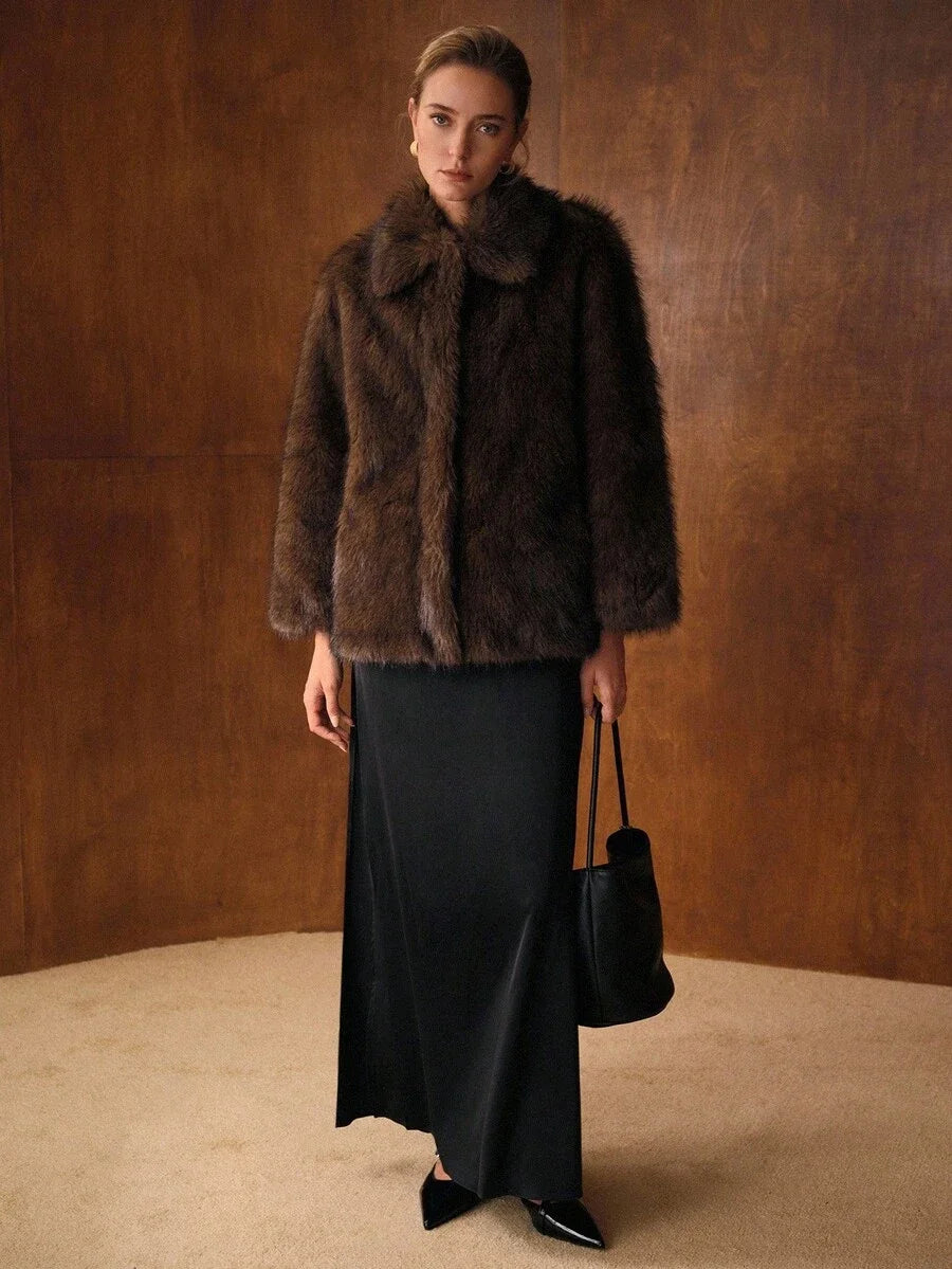 PREMIUM FAUX FUR SOLID COLLAR COAT FALL WINTER