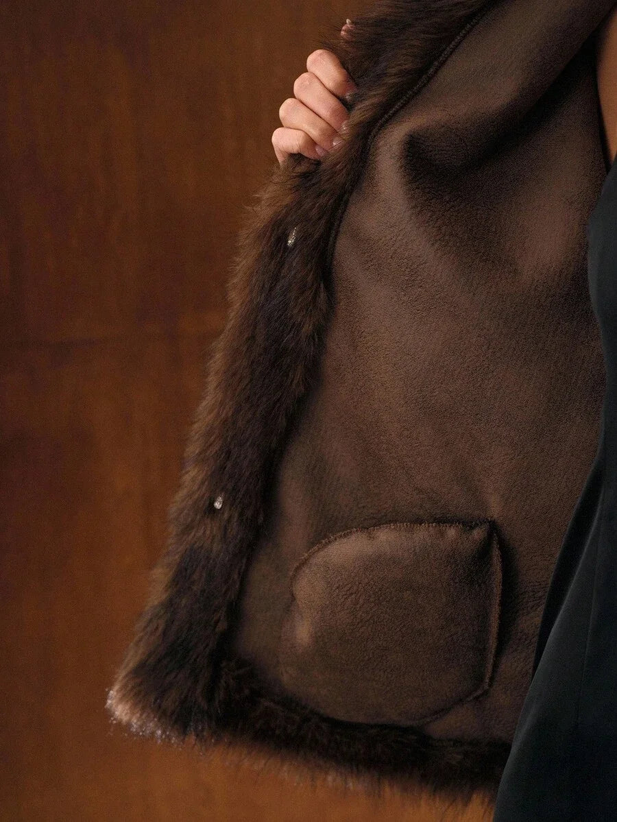 PREMIUM FAUX FUR SOLID COLLAR COAT FALL WINTER